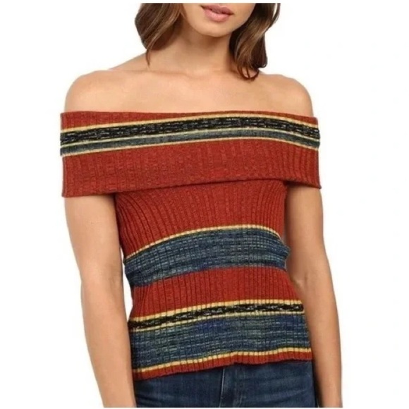Free People Tops - Free People Carly  Cowl Neck Off the Shoulder Sleeveless Stripe Sweater Top